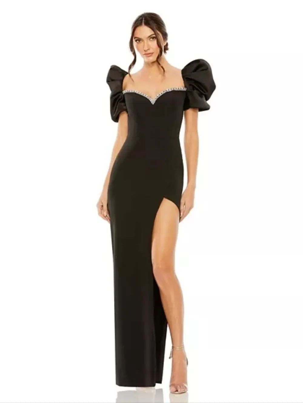 Mac Duggal Black Puff-Sleeve Evening Dress With Slit And Rhinestone Trim Size 2